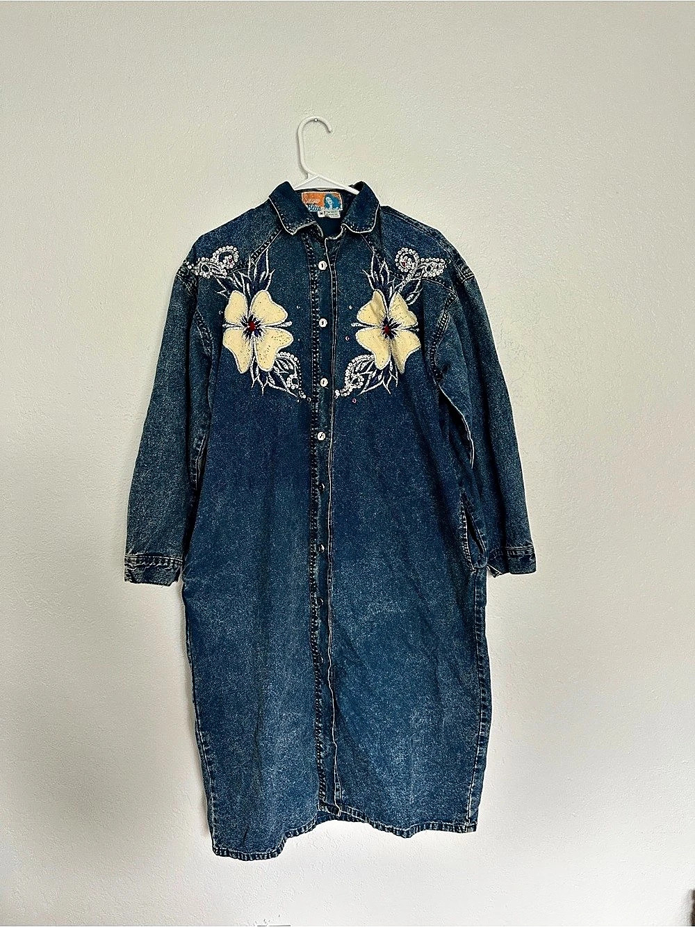 Snow Blue Embroidered Denim Midi Blue Dress Size Medium